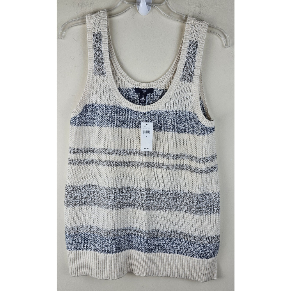 Gap Sleeveless Sweater Shirt women Sz Medium Cream Blue Gray Stripes NWT